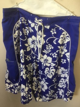 Mens, Swim Trunks, MARLIN, Primary Blue, White, Polyester, Floral, XXL, Lacing, White Piping, Center Back Elastic Waist, Velcro Pockets, Hibiscus Flowers, Hawaiian Print