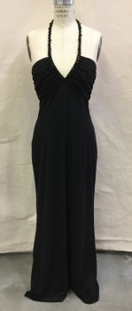 Womens, Evening Gown, KAY UNGER, Black, Polyester, Beaded, Solid, 8, Power Mesh, Beaded Halter Strap, Deep V-neck, Sleeveless, Low Back with Hooks to Hang on Bra Strap