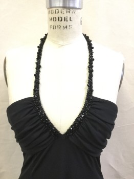 Womens, Evening Gown, KAY UNGER, Black, Polyester, Beaded, Solid, 8, Power Mesh, Beaded Halter Strap, Deep V-neck, Sleeveless, Low Back with Hooks to Hang on Bra Strap