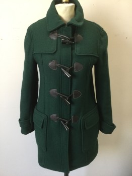 BROOKS BROTHERS, Forest Green, Dk Brown, Wool, Solid, Forest Green Heavy Wool with Diagonal Rib Texture, Dark Brown Leather Toggle Closures at Front, Hidden Zipper at Center Front, Collar Attached, 2 Hip Pockets, Below Hip Length, Plaid Lining