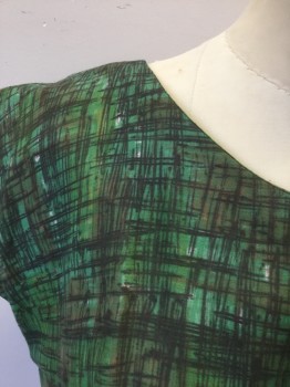 Womens, 1950s Vintage, Dress, N/L, Green, Brown, Cotton, Abstract , W:26, B:34, Green with Brown Crosshatched Lines Abstract Pattern, Cap Sleeve, Scoop Neck, Pleated Skirt, Just Below Knee Length, Late 1950's