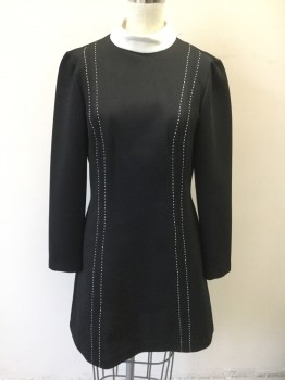 N/L, Black, White, Polyester, Solid, Black with White Mock Neck, White Dashed Running Stitches Running Vertically on Either Side of Princess Seams, Long Sleeves, Shift Dress, Hem Above Knee, Mod Late 1960's