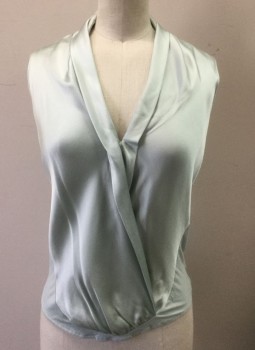 Womens, Top, BEBE, Lt Blue, Silk, Viscose, Solid, S, Very Pale Blue, Sleeveless, Alternating Panels of Silk Satin and Viscose Jersey, Wrapped V Cowl Closure at Center Front, **Barcode Located at Center Front Behind Fold