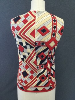 BROOK VALLEY, Red, Tan Brown, Silver, White, Black, Polyester, Diamonds, Abstract , Multi-directional/Check/Diamond Print, Sleeveless, Crew Neck, 1/2 Zip Back