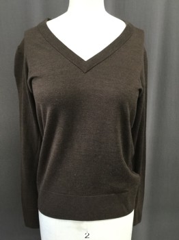 Womens, Pullover Sweater, BROOKS BROTHERS, Dk Brown, Wool, Solid, S, V-neck, Heathered Brown