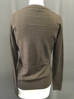 Womens, Pullover Sweater, BROOKS BROTHERS, Dk Brown, Wool, Solid, S, V-neck, Heathered Brown