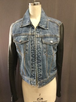Womens, Casual Jacket, RAG & BONE, Denim Blue, Black, Cotton, Leather, Solid, XS, Denim Style, Zip Front, Collar Attached, Orange Top Stitch, Black Leather Sleeves with Zippers