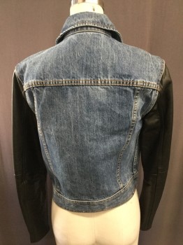 Womens, Casual Jacket, RAG & BONE, Denim Blue, Black, Cotton, Leather, Solid, XS, Denim Style, Zip Front, Collar Attached, Orange Top Stitch, Black Leather Sleeves with Zippers