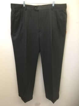HAGGAR, Dk Gray, White, Polyester, Rayon, Stripes - Pin, Dark Gray with White Pinstripes, Double Pleated, Button Tab Waist, Zip Fly, 4 Pockets, Relaxed Leg, Cuffed Hems
