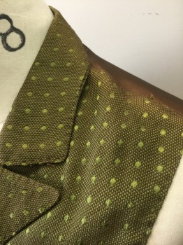 N/L MTO, Avocado Green, Brown, Silk, Polka Dots, Dots, Avocado and Brown Dotted Weave with Avocado Polka Dots, Brocade, Double Breasted, Peaked Lapel, Self Fabric Covered Buttons, 2 Welt Pockets, Solid Brown Lining and Back, Belted Back, Made To Order Reproduction, **Has a Double