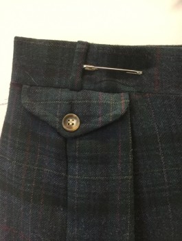 Mens, Slacks, CORBIN, Dk Gray, Forest Green, Black, Red, Wool, Plaid, Ins:31, W:29, Thick Wool, Double Pleats, Zip Fly, 5 Pockets Including 1 Small Flap Pocket at Right Side with Button Closure,