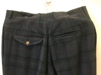 Mens, Slacks, CORBIN, Dk Gray, Forest Green, Black, Red, Wool, Plaid, Ins:31, W:29, Thick Wool, Double Pleats, Zip Fly, 5 Pockets Including 1 Small Flap Pocket at Right Side with Button Closure,
