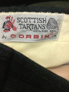 CORBIN, Dk Gray, Forest Green, Black, Red, Wool, Plaid, Thick Wool, Double Pleats, Zip Fly, 5 Pockets Including 1 Small Flap Pocket at Right Side with Button Closure,