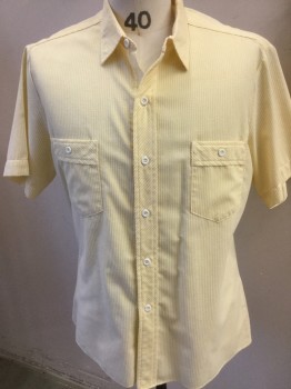 Mens, 1960s Vintage, P1, RESORT CASUALS, Yellow, White, Polyester, Stripes - Pin, C 42, L, Shirt, Seer Sucker, Button Front, Short Sleeves, Collar Attached,