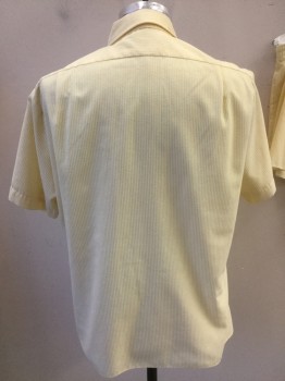 Mens, 1960s Vintage, P1, RESORT CASUALS, Yellow, White, Polyester, Stripes - Pin, C 42, L, Shirt, Seer Sucker, Button Front, Short Sleeves, Collar Attached,