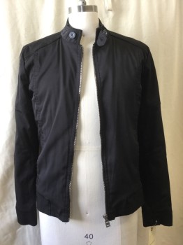 ZARA, Black, Polyester, Solid, Zip Front, Stand Collar Attached with Button Closure, Light Blue Lining,  2 Pockets,