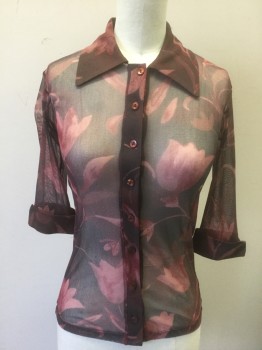 Womens, Blouse, BEBE, Red Burgundy, Wine Red, Mauve Pink, Nylon, Floral, S, Sheer Net, 3/4 Sleeve, Button Front, Oversized Collar Attached, Very Fitted, Late 1990's
