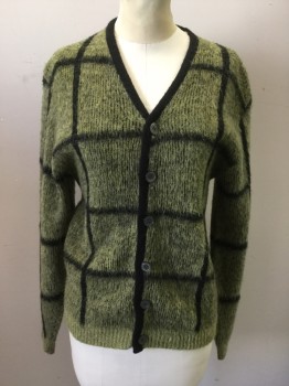 Mens, Sweater, GLEN DEE, Olive Green, Black, Acrylic, Mohair, Check , C:38, S, Fuzzy Cardigan, Long Sleeves, Ribbed Knit Cuff/Waistband, Button Front, Solid Black Trim