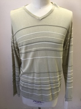 Mens, Pullover Sweater, CLAIBORNE, Khaki Brown, Cream, Green, Acrylic, Cotton, Stripes - Horizontal , XL, Double, V-neck, Long Sleeves,