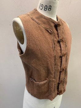 Mens, Historical Fiction Vest, N/L MTO, Terracotta Brown, Brown, Cotton, Speckled, 38, Textured Material, Round Neck, 6 Knotted Leather Buttons with Loop Closures, 2 Welt Pockets, Short Waisted, Very Aged/Worn, Timeless, Peasant, Fantasy