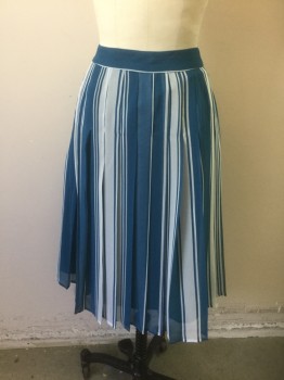 Womens, Skirt, Below Knee, N/L, Teal Blue, White, Polyester, Stripes - Vertical , W:25, Teal Blue with White Vertical Stripes of Varying Widths, Chiffon Over Opaque Underlayer, 1.5" Self Waistband, Pleated, Mid Calf Length