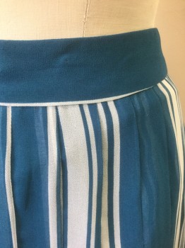 Womens, Skirt, Below Knee, N/L, Teal Blue, White, Polyester, Stripes - Vertical , W:25, Teal Blue with White Vertical Stripes of Varying Widths, Chiffon Over Opaque Underlayer, 1.5" Self Waistband, Pleated, Mid Calf Length