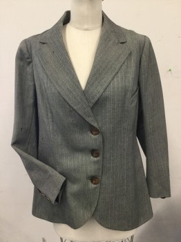 MTO, Black, White, Wool, Herringbone, Stripes, Wide Lapel, with Peaked Lapel, 1 Tiny Welt Pocket, 3 Button Closure. 4 Small Button Detail at Back Pleat Detail, Tiny Moth Holes Throughout,