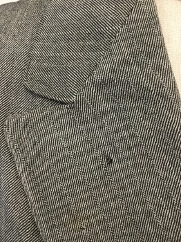 MTO, Black, White, Wool, Herringbone, Stripes, Wide Lapel, with Peaked Lapel, 1 Tiny Welt Pocket, 3 Button Closure. 4 Small Button Detail at Back Pleat Detail, Tiny Moth Holes Throughout,