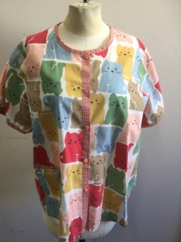 SCATCH, White, Dusty Blue, Dijon Yellow, Dusty Green, Pink, Poly/Cotton, Animals, Short Sleeves, Button Front, Cats, 1 Pocket,
