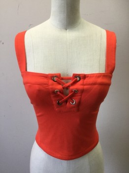 Womens, Top, MARCIANO, Orange, Poly/Cotton, Solid, XS, 2" Strap, Curved Top Hem, Lace Up Silver Grommets, Crop