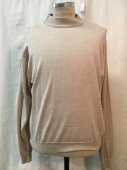 Mens, Pullover Sweater, NO LABEL, Oatmeal Brown, Wool, Heathered, XL, Heather Oatmeal, Mock Neck