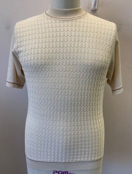 N/L, Cream, Sienna Brown, Polyester, Solid, Short Sleeve, Mock Neck, Horizontal Zig Zagged Ribs in Knit, Thin Brown Stripe at Neck/Cuffs/Hem, Pullover,