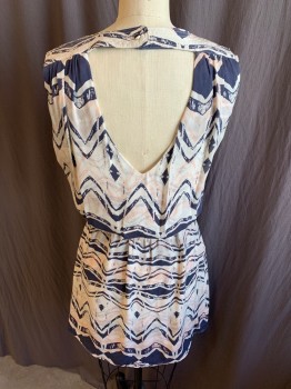 PARKER, Cream, Faded Black, Pink, Silk, Chevron, Zig-Zag , (DOUBLE)  Deep Overlap V-neck, Quilt Shoulder Patch W/ Gathered  Front & Back, Triangle Key Hole Back with 1 Self Cover Button,  Elastic Waist, Same Print Lining,