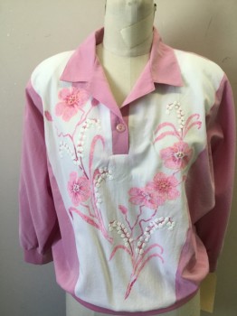 G.W., Pink, White, Polyester, Color Blocking, Floral, Long Sleeve Pullover Shirt, 1 Button Placket, Collar Attached, Floral Front with Pearl Appliqué Floral Centers