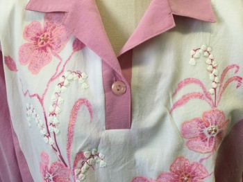 Womens, 1980s Vintage, Piece 1, G.W., Pink, White, Polyester, Color Blocking, Floral, M, Long Sleeve Pullover Shirt, 1 Button Placket, Collar Attached, Floral Front with Pearl Appliqué Floral Centers