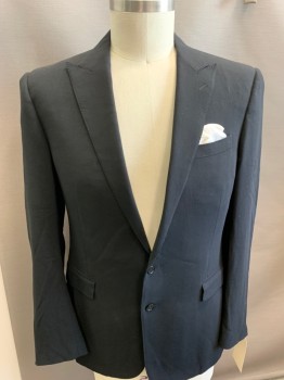 Mens, Sportcoat/Blazer, RALPH LAUREN, Black, White, Wool, Solid, 42 L, 2 Button Front, Peaked Lapel, 3 Pockets, White Attached Pocket Square