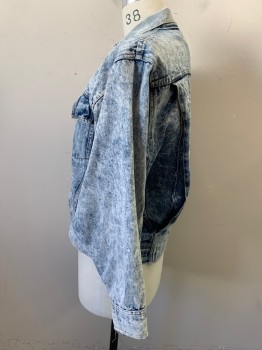 Mens, Jean Jacket, EAST WEST, Lt Blue, White, Cotton, Mottled, Acid Wash, M, Denim Jean Jacket, Button Front, 2 Flap Pocket, 2 Pockets on Seams, Wide Armseye, Box Pleat Back, Wide Back Waistband, with Button Tabs, Clean with a Little Aging, One Rust Spot
