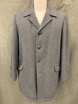 Mens, Coat, HALL AMERICAN, Gray, Wool, Heathered, 42, Single Breasted, Collar Attached, Notched Lapel, 2 Flap Pockets, Long Sleeves, Button Tab at Cuff, Faux Fur Lining *Missing Bottom Button*