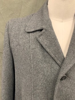 Mens, Coat, HALL AMERICAN, Gray, Wool, Heathered, 42, Single Breasted, Collar Attached, Notched Lapel, 2 Flap Pockets, Long Sleeves, Button Tab at Cuff, Faux Fur Lining *Missing Bottom Button*