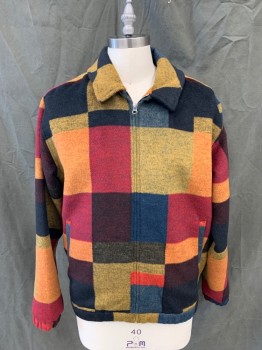 Mens, Casual Jacket, URBAN OUTFITTERS, Red, Yellow, Black, Orange, Navy Blue, Polyester, Wool, Color Blocking, M, Fleece, Zip Front, Collar Attached, Long Sleeves, Elastic Waistband/Cuff, 2 Pockets