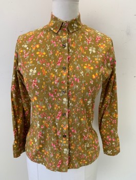 BOBBIE BROOKS, Ochre Brown-Yellow, Pink, Orange, Goldenrod Yellow, White, Cotton, Floral, Long Sleeve Button Front, Collar Attached, Tiny Vertical Pintucks at Center Front,