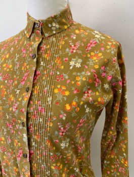 Womens, Blouse, BOBBIE BROOKS, Ochre Brown-Yellow, Pink, Orange, Goldenrod Yellow, White, Cotton, Floral, B:40, Long Sleeve Button Front, Collar Attached, Tiny Vertical Pintucks at Center Front,