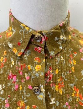 BOBBIE BROOKS, Ochre Brown-Yellow, Pink, Orange, Goldenrod Yellow, White, Cotton, Floral, Long Sleeve Button Front, Collar Attached, Tiny Vertical Pintucks at Center Front,
