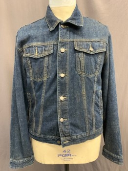 Mens, Jean Jacket, ROOTS, Navy Blue, Cotton, Heathered, XL, Dark Wash, Spread Collar, Button Front, 2 Patch Flap Pockets, 2 Side Welt Pockets, Adjustable Waistband Tabs, Gold Top Stitching, Distressed