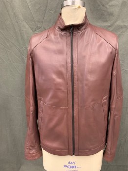 Mens, Leather Jacket, HUGO BOSS, Maroon Red, Leather, Solid, 46R, Zip Front, Stand Collar, 2 Pockets, Front Waist Seam