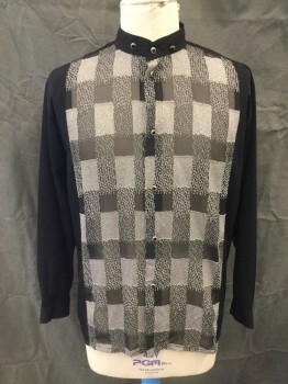 Mens, Club Shirt, PRONTI, Black, Taupe, Gold, Polyester, Check , Color Blocking, XL, Button Front, Textured Check Pattern Front, Solid Black Long Sleeves/Back/Collar, Stand Collar