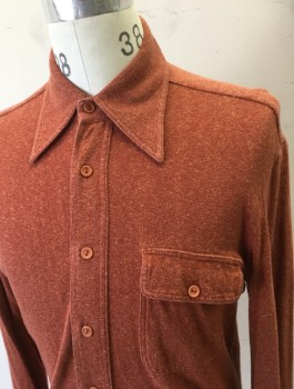 ANTO, Rust Orange, Orange, Cotton, Heathered, Jersey Knit, Long Sleeve Button Front, Collar Attached, 1 Patch Pocket with Button Flap Closure, Made To Order 1970's Reproduction