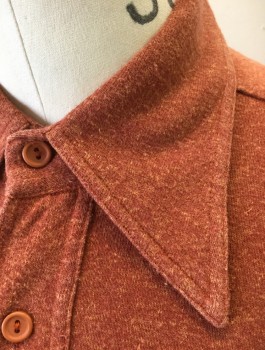 ANTO, Rust Orange, Orange, Cotton, Heathered, Jersey Knit, Long Sleeve Button Front, Collar Attached, 1 Patch Pocket with Button Flap Closure, Made To Order 1970's Reproduction