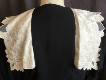 ACT I NEW YORK, Black, Beige, Cream, Polyester, Solid, Large Beige with Cream Flower Embossed/embroidery Collar Attached, Attachable Self Bow Tie, Puffy Short Sleeves with 1.5" Band & 2 Black Buttons, Thin Elastic Waist, Black Lining, MISSING BELT