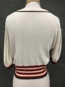 N/L, Off White, Brown, Multi-color, Polyester, Knit, Floral Embroidery At Neck, Puffy S/S, Brown/Orange Stripes At Ribbed Waistband And Cuffs, Scoop Neck